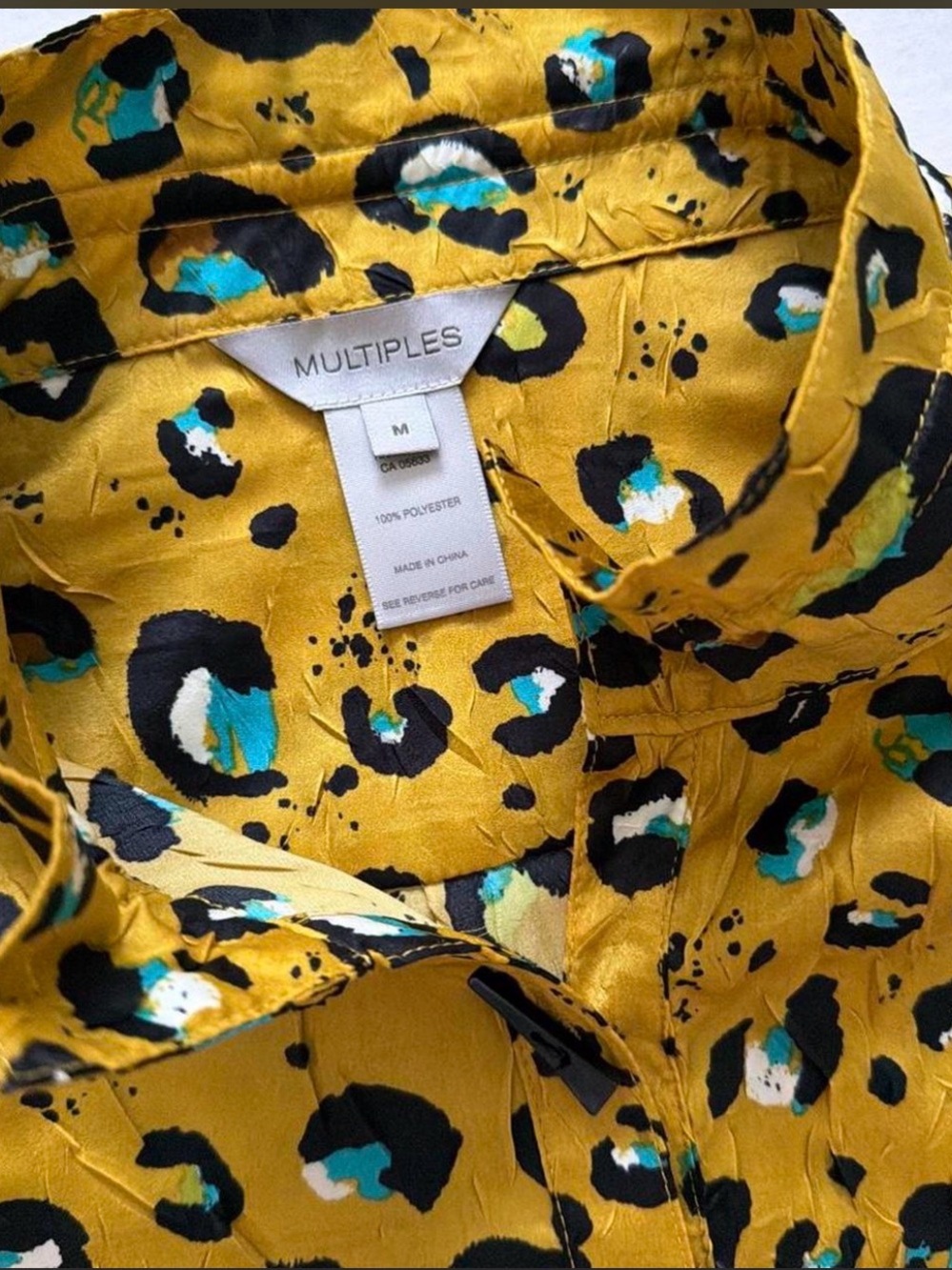 Multiples Yellow Leopard Print Button-Front Blouse with Teal Accents